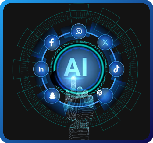 AI Software Development illustration showing AI circle with pointing hand and social media icons